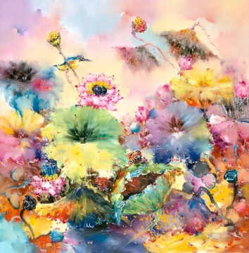 Pájaro y flores Estanque de nenúfares de loto 0 931 decoración floral Pinturas al óleo